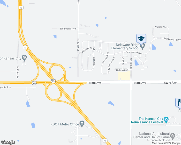 map of restaurants, bars, coffee shops, grocery stores, and more near 1205 Budd Circle in Kansas City