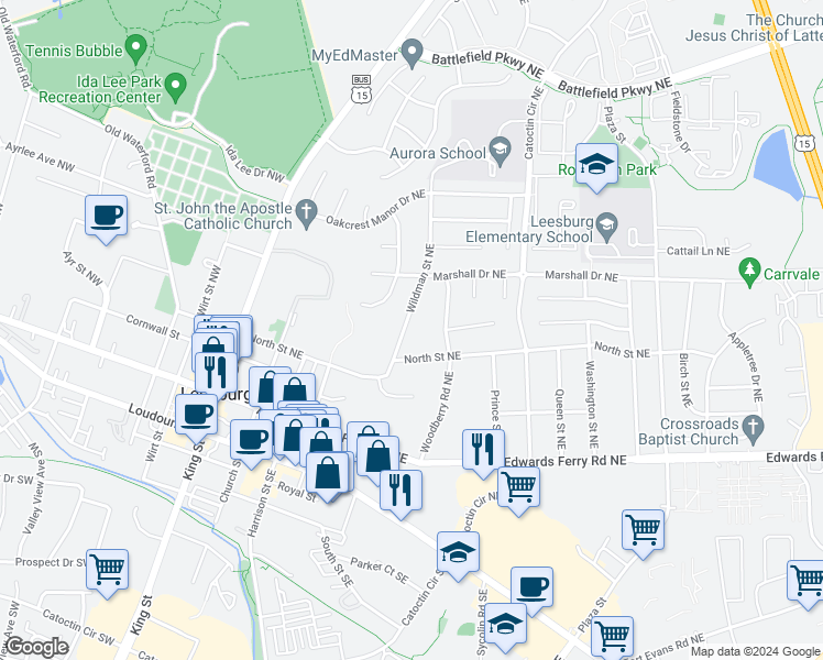 map of restaurants, bars, coffee shops, grocery stores, and more near 208 Wildman Street Northeast in Leesburg