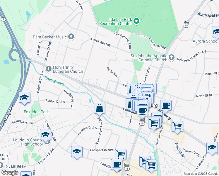 map of restaurants, bars, coffee shops, grocery stores, and more near 246 West Market Street in Leesburg