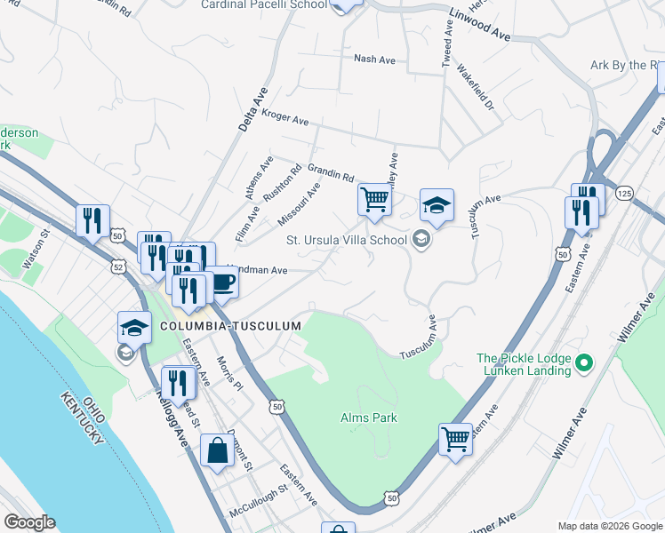 map of restaurants, bars, coffee shops, grocery stores, and more near in Cincinnati