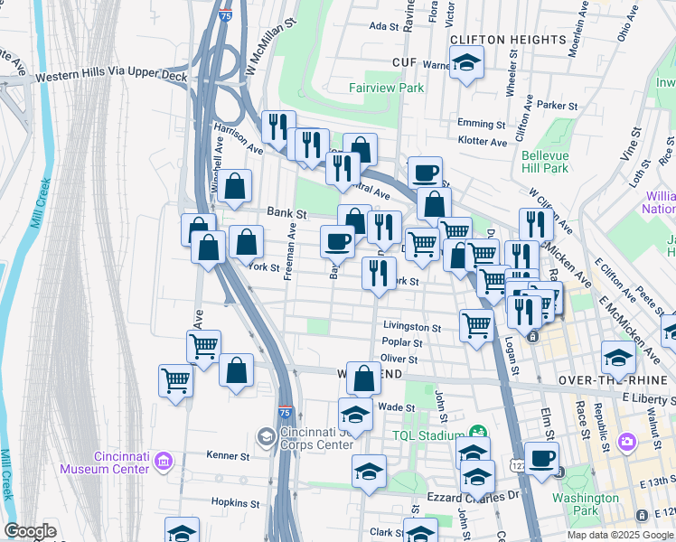 map of restaurants, bars, coffee shops, grocery stores, and more near in Cincinnati
