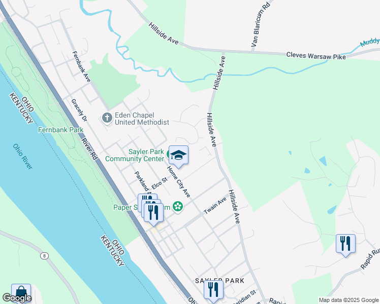 map of restaurants, bars, coffee shops, grocery stores, and more near 6700 Home City Avenue in Cincinnati