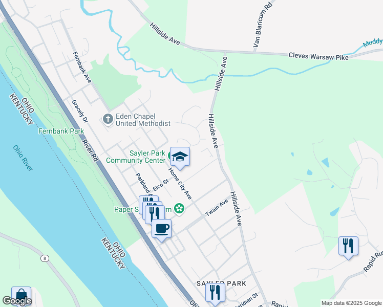 map of restaurants, bars, coffee shops, grocery stores, and more near 6700 Home City Avenue in Cincinnati