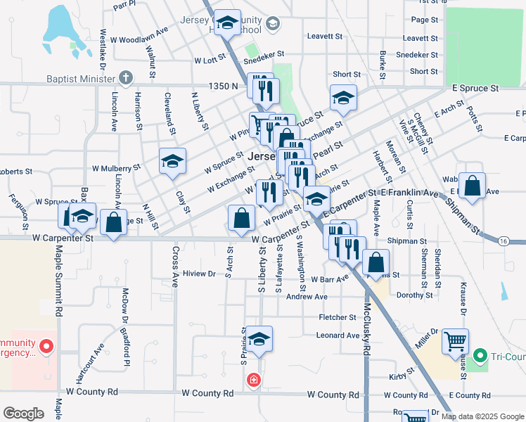 map of restaurants, bars, coffee shops, grocery stores, and more near 210 West Prairie Street in Jerseyville