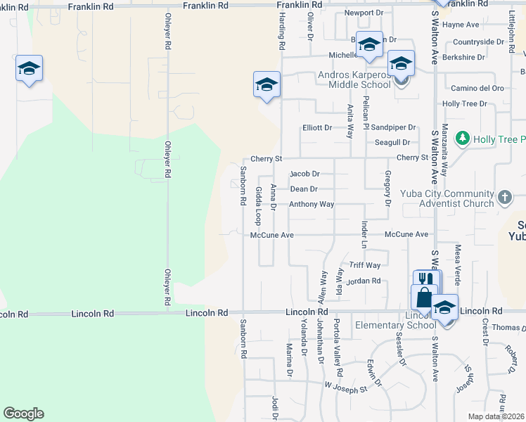 map of restaurants, bars, coffee shops, grocery stores, and more near 714 Gidda Loop in Yuba City