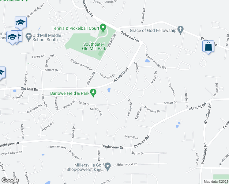 map of restaurants, bars, coffee shops, grocery stores, and more near 8224 Bernard Drive North in Millersville