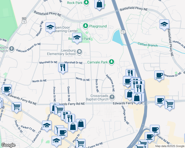 map of restaurants, bars, coffee shops, grocery stores, and more near 206 Plaza Street Northeast in Leesburg