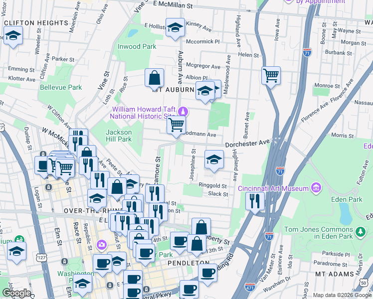 map of restaurants, bars, coffee shops, grocery stores, and more near 6 Park Place in Cincinnati