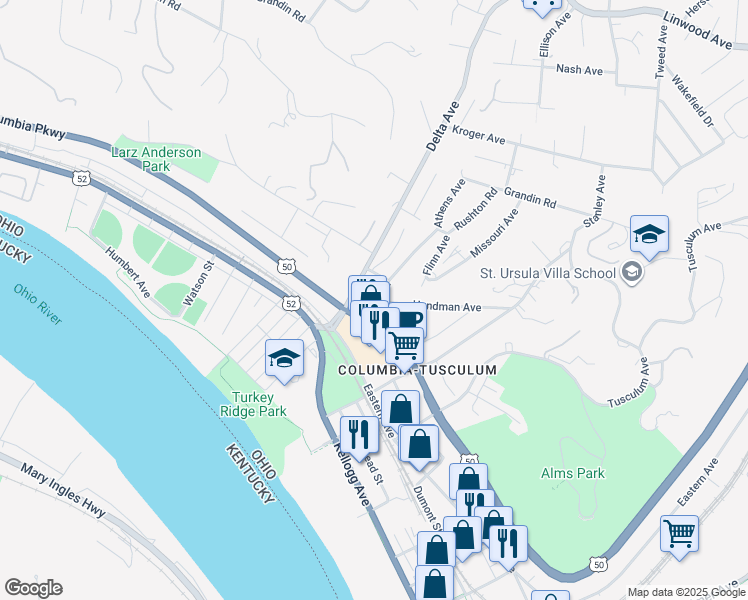 map of restaurants, bars, coffee shops, grocery stores, and more near 3528 Columbia Parkway in Cincinnati