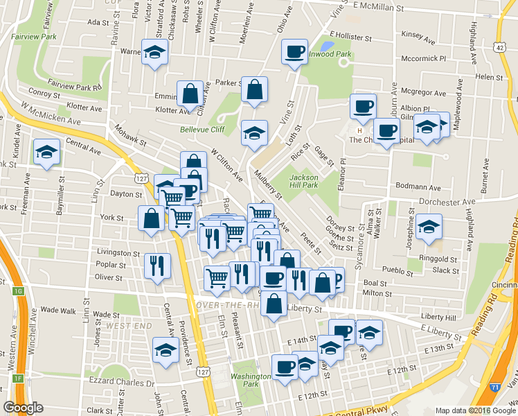 map of restaurants, bars, coffee shops, grocery stores, and more near 9 West McMicken Avenue in Cincinnati