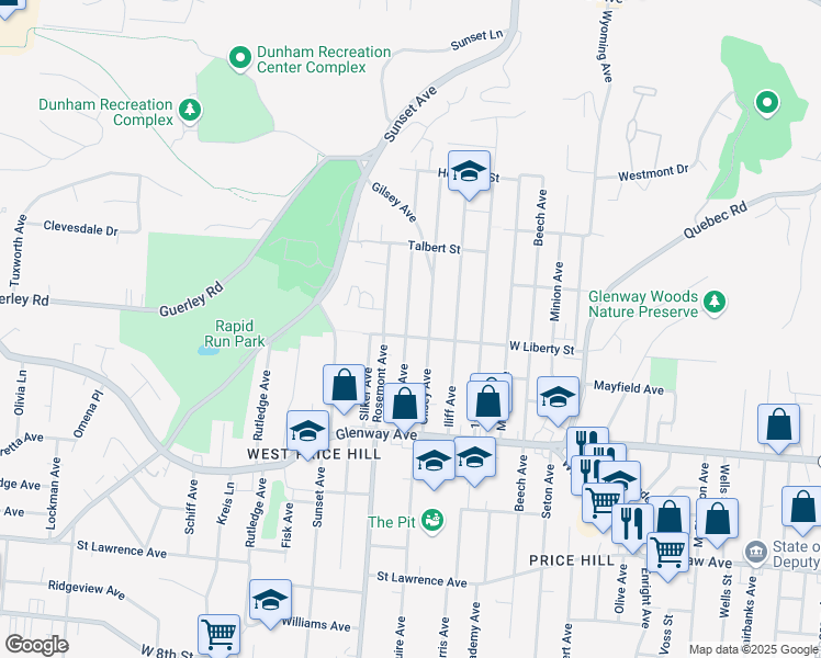 map of restaurants, bars, coffee shops, grocery stores, and more near 1275 Dewey Avenue in Cincinnati