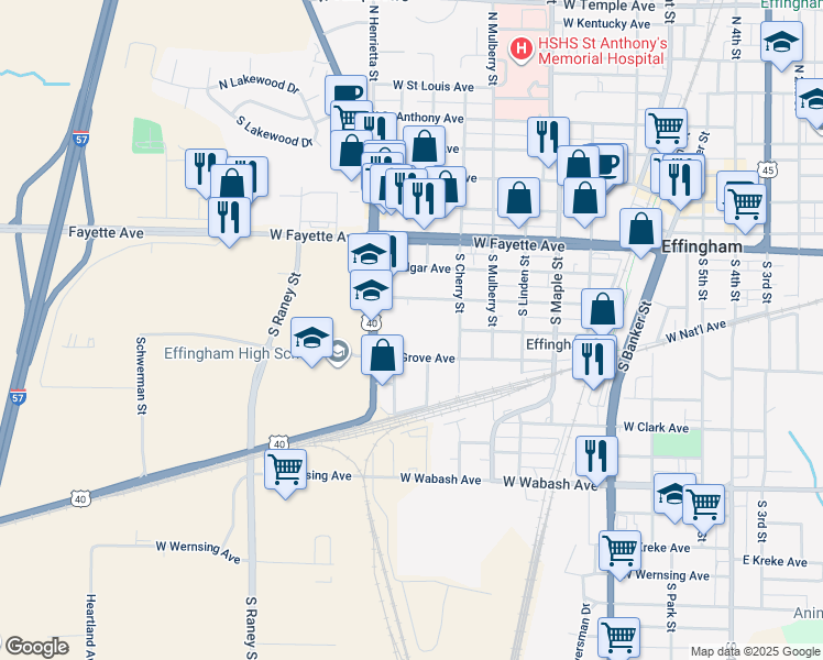 map of restaurants, bars, coffee shops, grocery stores, and more near 600 South Henrietta Street in Effingham