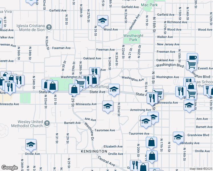 map of restaurants, bars, coffee shops, grocery stores, and more near 2402 State Avenue in Kansas City