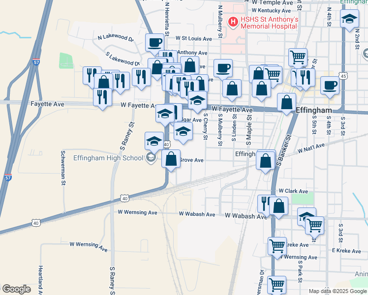 map of restaurants, bars, coffee shops, grocery stores, and more near 600 South Henrietta Street in Effingham