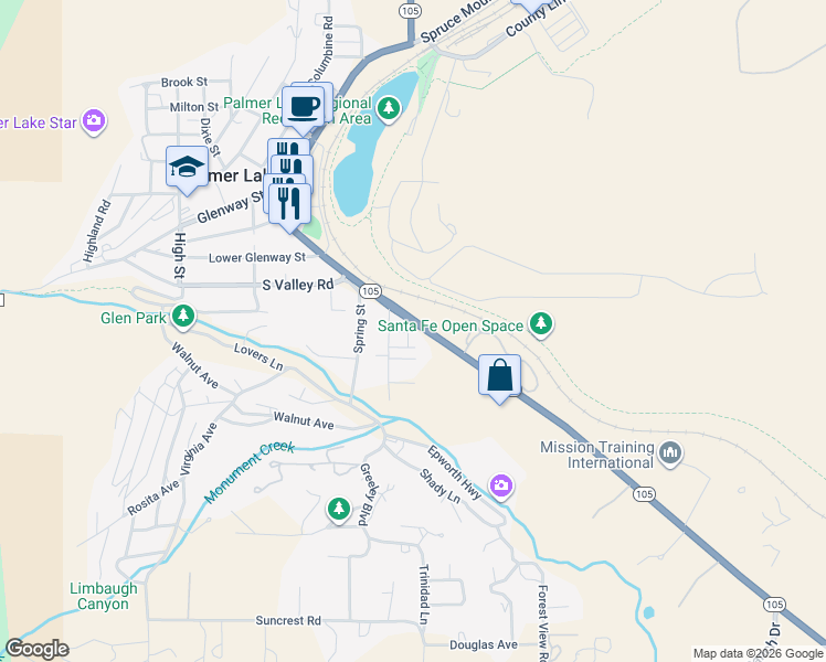 map of restaurants, bars, coffee shops, grocery stores, and more near 56 Vale Circle in Palmer Lake