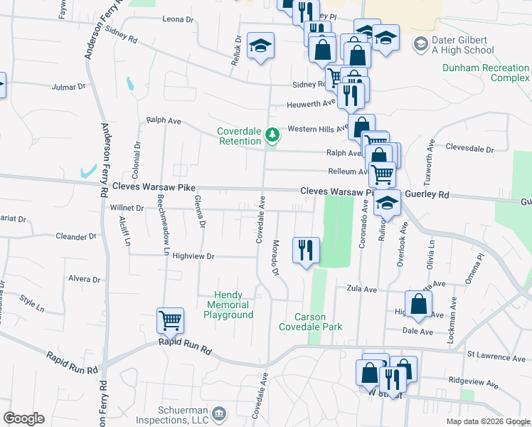 map of restaurants, bars, coffee shops, grocery stores, and more near 1141 Covedale Avenue in Cincinnati