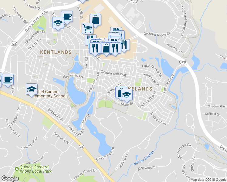 map of restaurants, bars, coffee shops, grocery stores, and more near 520 Kersten Street in Gaithersburg
