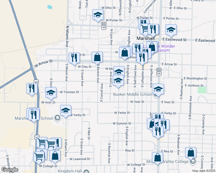 map of restaurants, bars, coffee shops, grocery stores, and more near 455 South Lyon Avenue in Marshall