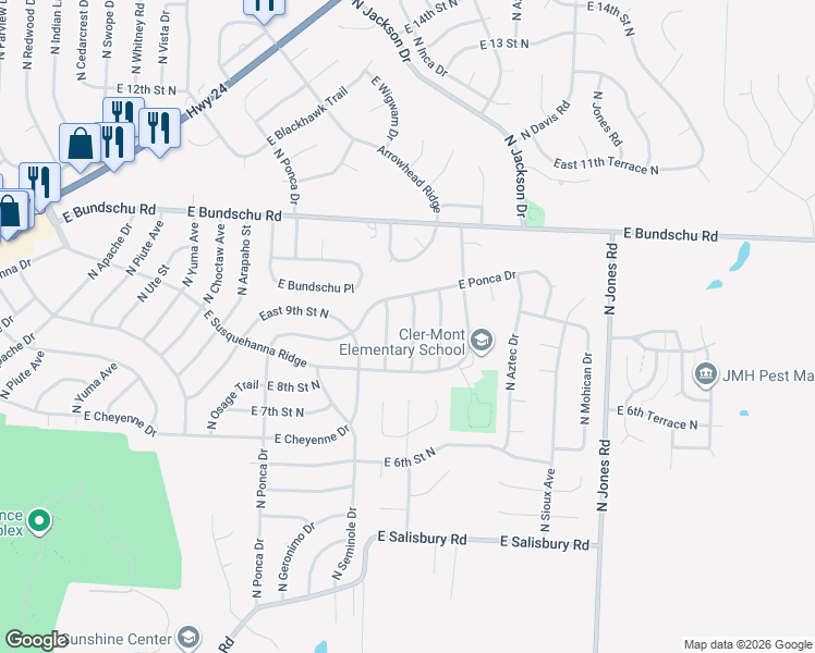 map of restaurants, bars, coffee shops, grocery stores, and more near 812 North Powahatan Drive in Independence