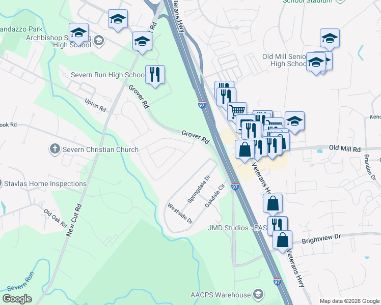 map of restaurants, bars, coffee shops, grocery stores, and more near 8215 Daniels Purchase Way in Millersville