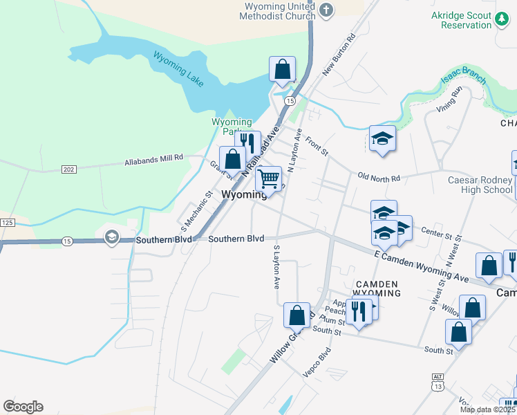map of restaurants, bars, coffee shops, grocery stores, and more near 115 Pine Street in Wyoming