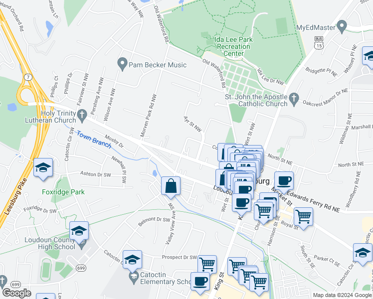map of restaurants, bars, coffee shops, grocery stores, and more near 246 West Market Street in Leesburg
