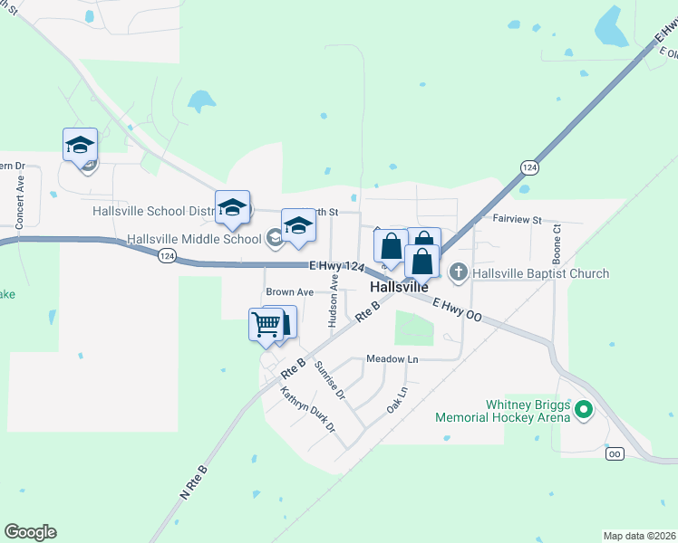 map of restaurants, bars, coffee shops, grocery stores, and more near 105 Brown Avenue in Hallsville