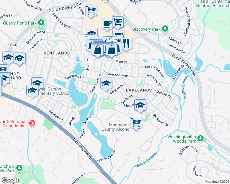 map of restaurants, bars, coffee shops, grocery stores, and more near 520 Kersten Street in Gaithersburg