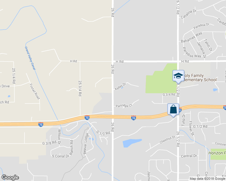 map of restaurants, bars, coffee shops, grocery stores, and more near 2601 Kelley Drive in Grand Junction