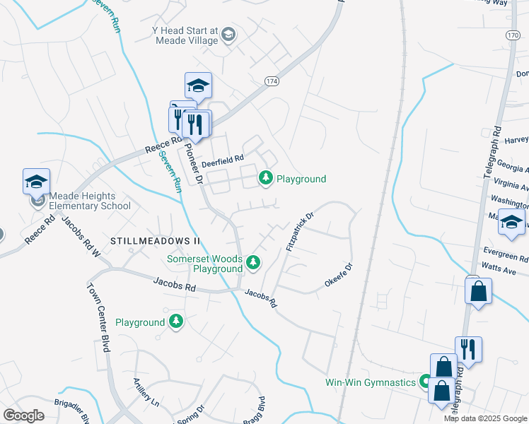 map of restaurants, bars, coffee shops, grocery stores, and more near 1839 Arwell Court in Severn