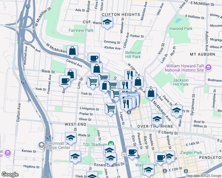 map of restaurants, bars, coffee shops, grocery stores, and more near 1802 Central Parkway in Cincinnati