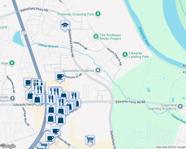 map of restaurants, bars, coffee shops, grocery stores, and more near 1629 Chickasaw Place Northeast in Leesburg