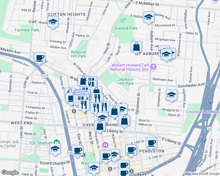 map of restaurants, bars, coffee shops, grocery stores, and more near 103 Mulberry Street in Cincinnati