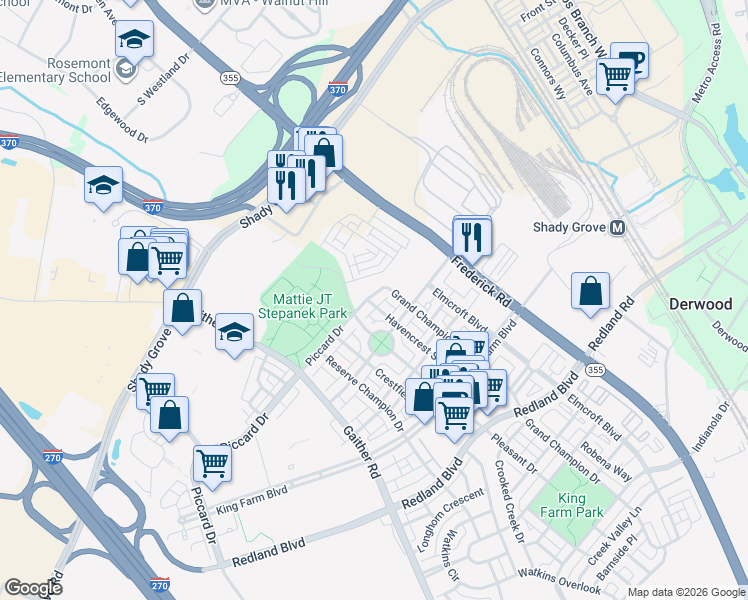 map of restaurants, bars, coffee shops, grocery stores, and more near 2101 Piccard Drive in Rockville