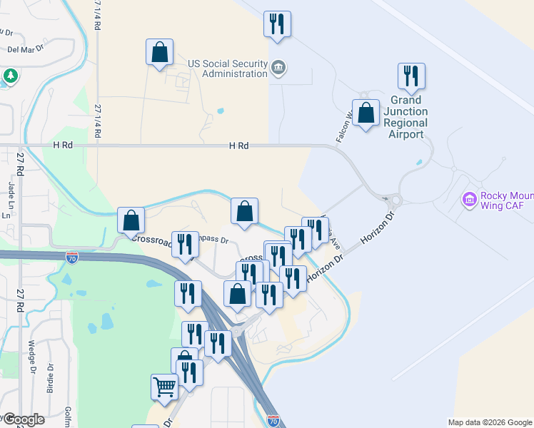 map of restaurants, bars, coffee shops, grocery stores, and more near 2786 Printers Court in Grand Junction