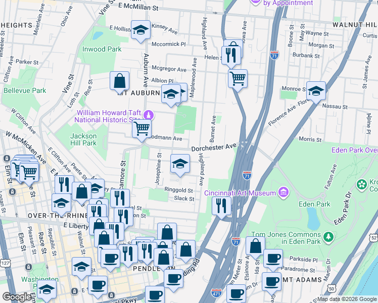 map of restaurants, bars, coffee shops, grocery stores, and more near 521 Carmalt Street in Cincinnati