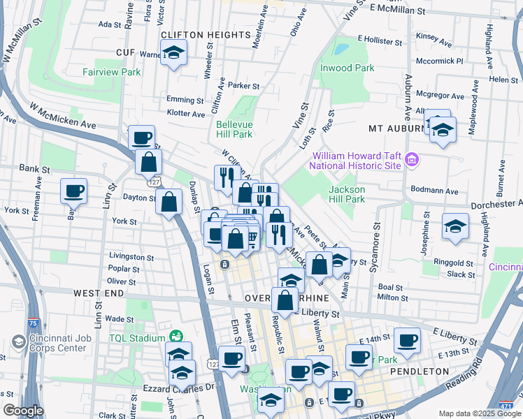 map of restaurants, bars, coffee shops, grocery stores, and more near 9 West McMicken Avenue in Cincinnati
