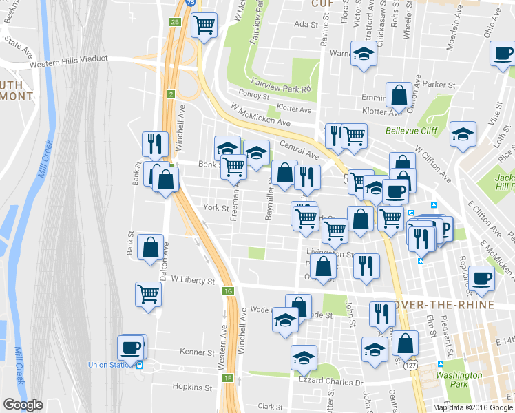 map of restaurants, bars, coffee shops, grocery stores, and more near in Cincinnati