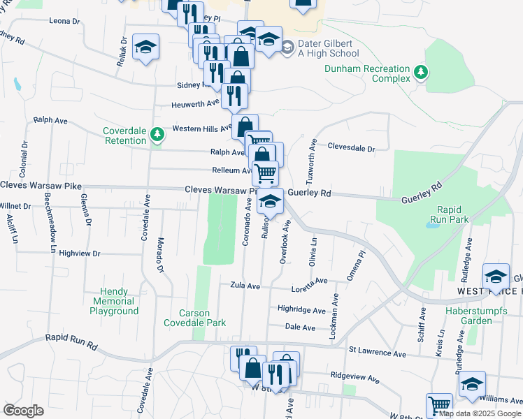 map of restaurants, bars, coffee shops, grocery stores, and more near 1189 Rulison Avenue in Cincinnati