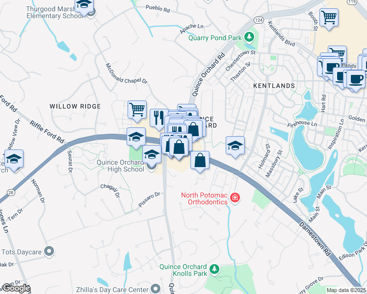 map of restaurants, bars, coffee shops, grocery stores, and more near 12193 Darnestown Road in Gaithersburg