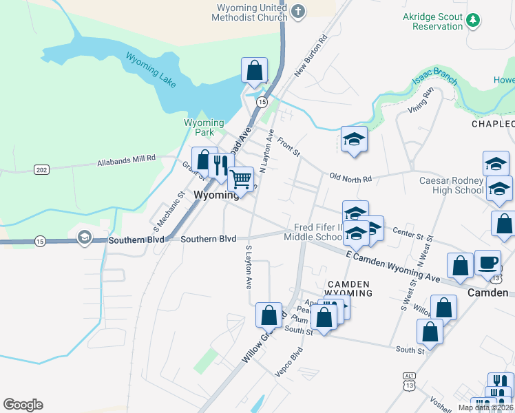 map of restaurants, bars, coffee shops, grocery stores, and more near 28 West Camden Wyoming Avenue in Wyoming