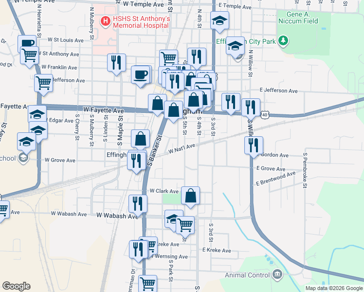 map of restaurants, bars, coffee shops, grocery stores, and more near 605 S 5th St in Effingham