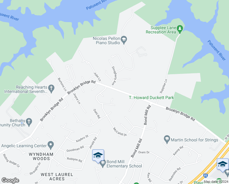 map of restaurants, bars, coffee shops, grocery stores, and more near 6515 Brooklyn Bridge Road in Laurel