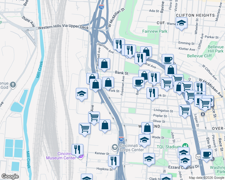 map of restaurants, bars, coffee shops, grocery stores, and more near 1034 Hulbert Avenue in Cincinnati
