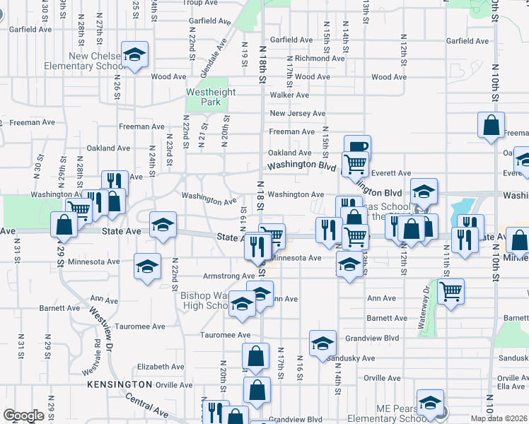 map of restaurants, bars, coffee shops, grocery stores, and more near 1201 North 18th Street in Kansas City
