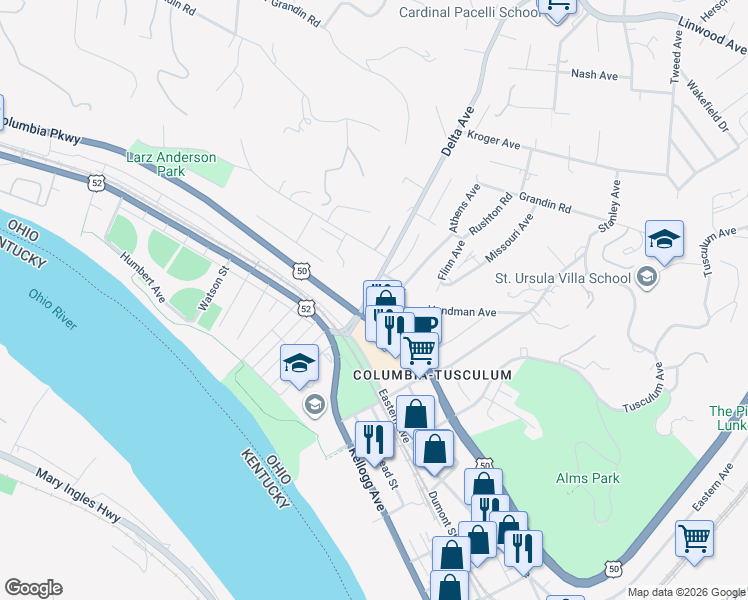 map of restaurants, bars, coffee shops, grocery stores, and more near 3528 Columbia Parkway in Cincinnati