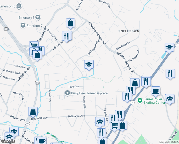 map of restaurants, bars, coffee shops, grocery stores, and more near 9250 North Laurel Road in Laurel