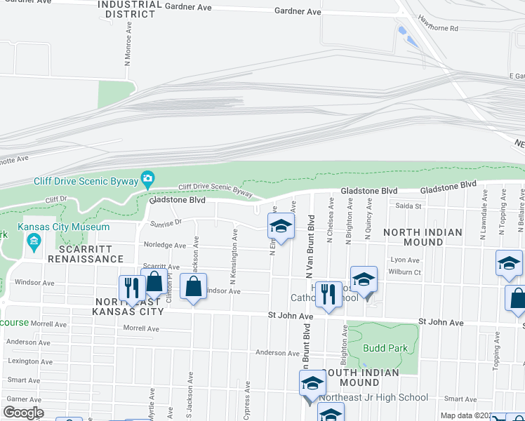 map of restaurants, bars, coffee shops, grocery stores, and more near 4437 Gladstone Boulevard in Kansas City