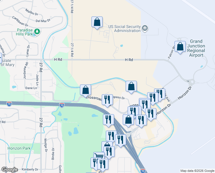map of restaurants, bars, coffee shops, grocery stores, and more near 2748 Crossroads Boulevard in Grand Junction