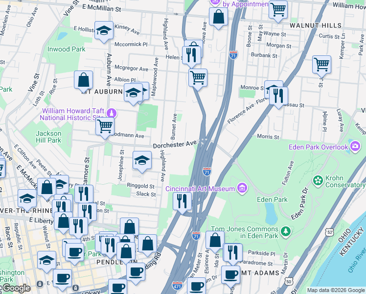 map of restaurants, bars, coffee shops, grocery stores, and more near in Cincinnati